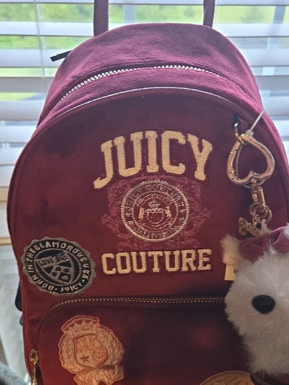 Juicy Couture Burgundy Velvet Backpack with Plush Keychain